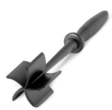 A black, plastic tool with a handle and a pinwheel-shaped structure at the business end.