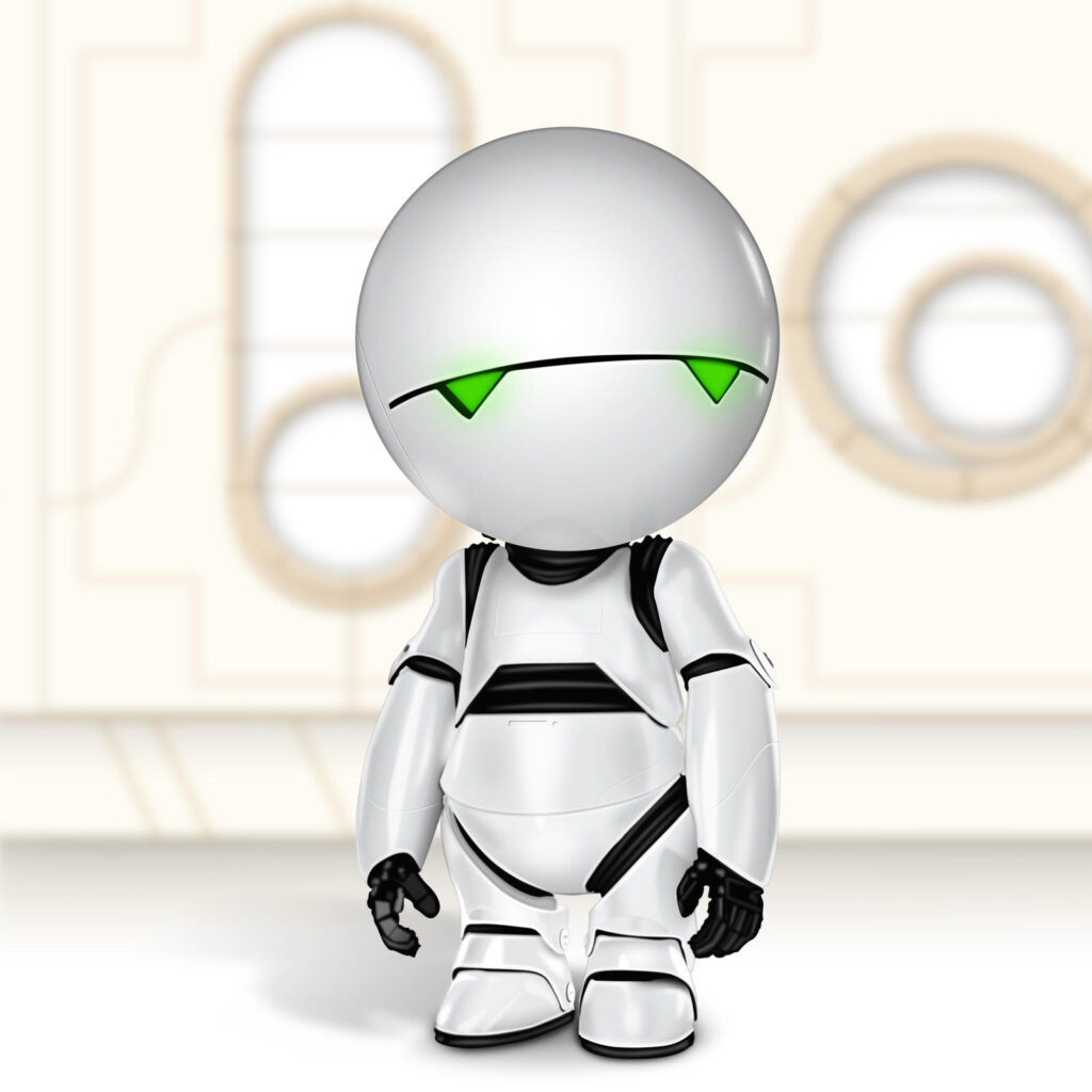 Marvin has a huge white, round head with green triangle eyes, and a mainly white suit with black gloves and accents. 