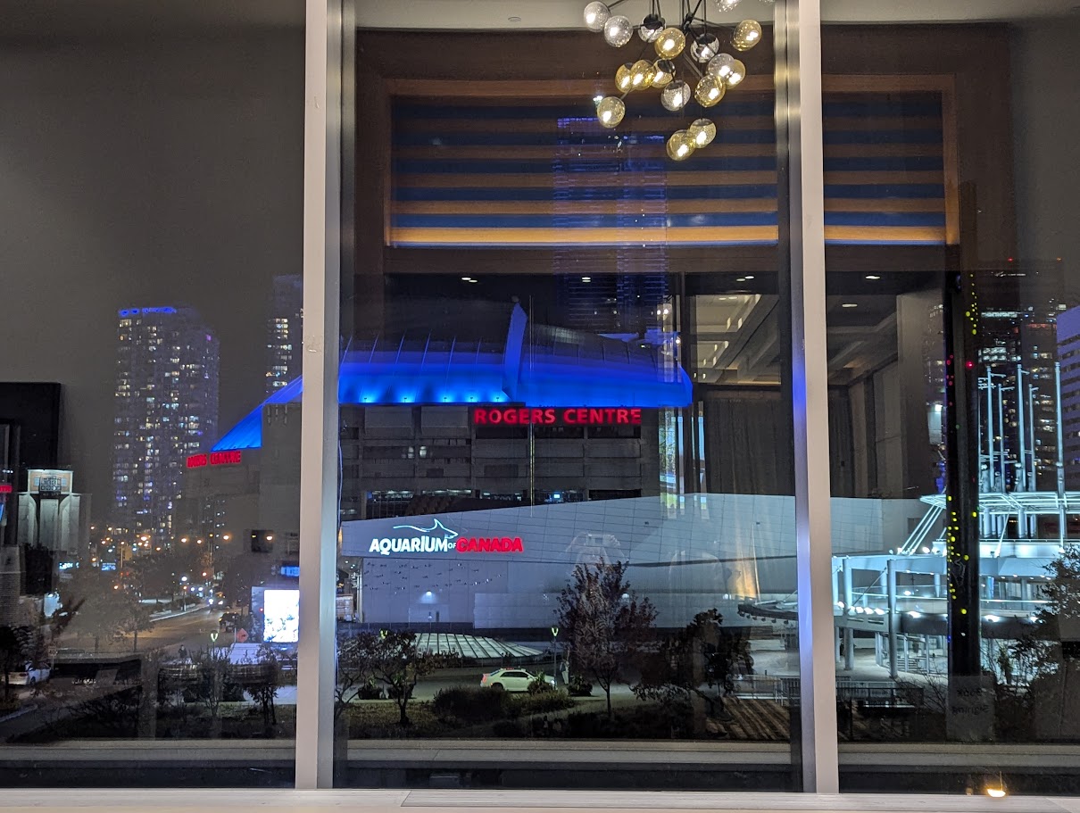 Rogers Centre and the Aquarium are in clear view across the road from the hotel window