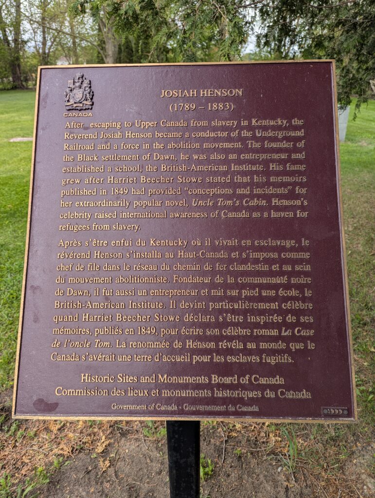 Historial plaque given to the Josiah Henson musuem by the Government of Canada acknowledging Henson's contributions to abolition.