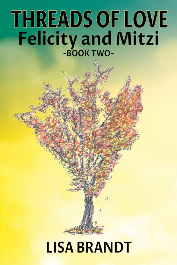 The front cover for Book Two - Threads of Love. It's mostly yellow with some green flowing into the top third, and a tree that has leaves but looks like it might be in autumn.