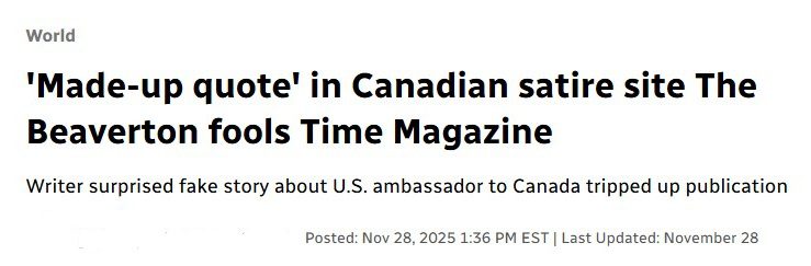 Headline reads: Made-up quote in Canadian satire sit The Beaverton fools Time Magazine