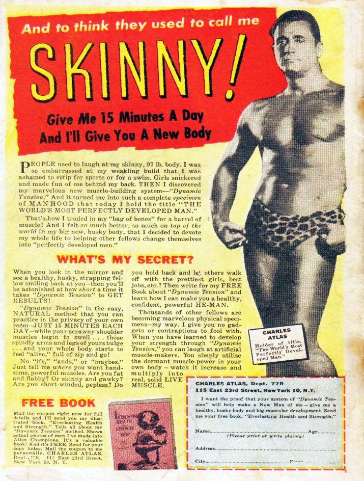 Full page ad for Charles Atlas's course on Dynamic Tension, calling him "the world's most perfectly developed man."