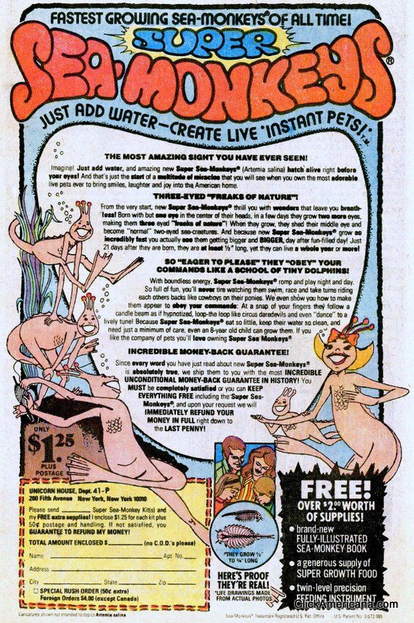 Old comic book ad for sea monkeys with lots of text and smiling sea monkey cartoon characters