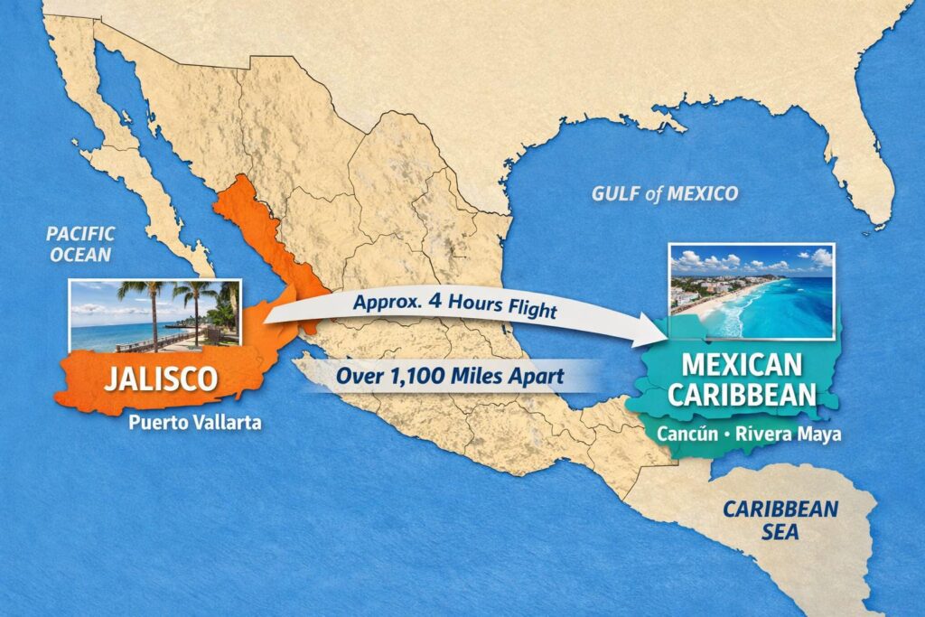 map of Mexico shows how far removed Cancun is from Puerto Vallarta. They're on opposite sides of the country