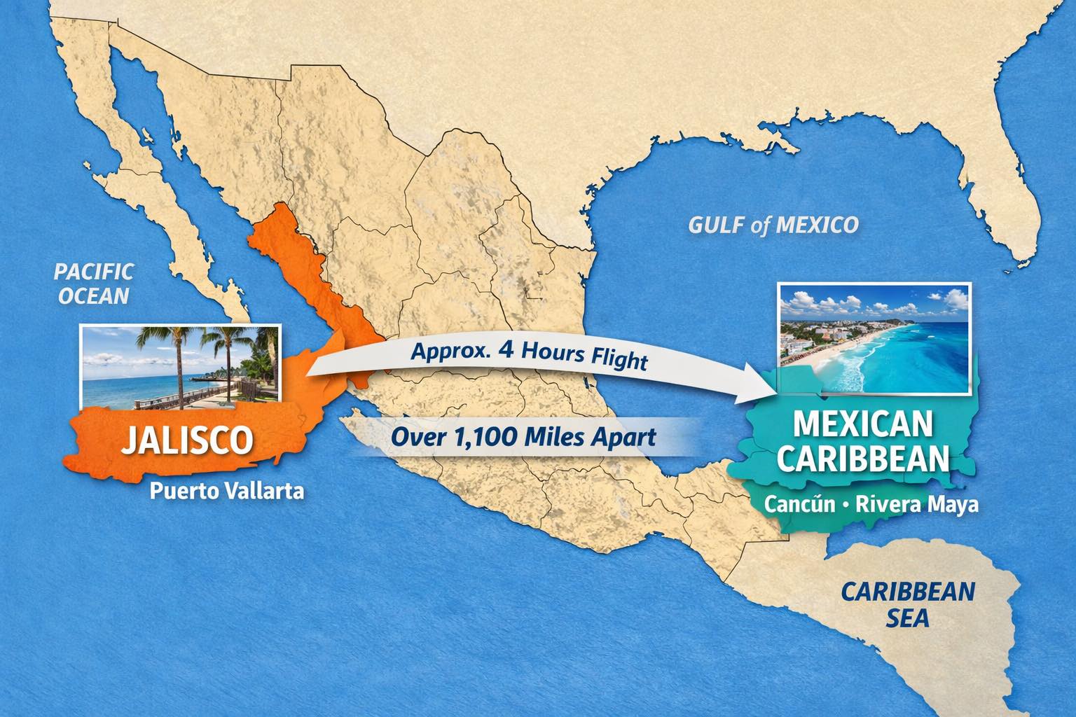 map of Mexico shows how far removed Cancun is from Puerto Vallarta. They're on opposite sides of the country