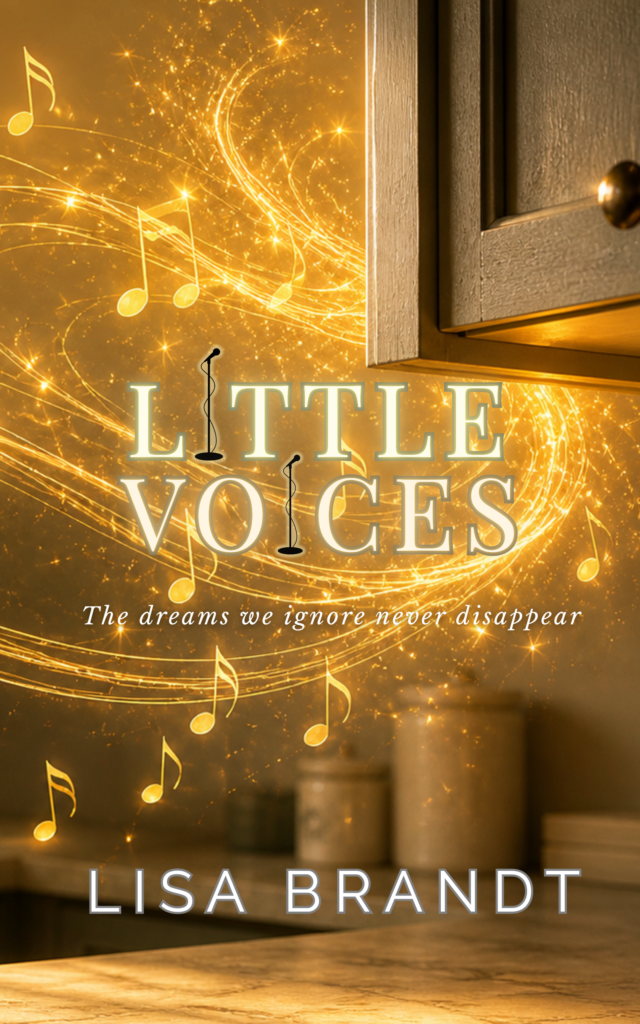 Gold music notes swirl with a cupboard and counter in half of the frame to show it's a kitchen. Text reads: Little Voices. The Dreams We Ignore Never Disappear. Lisa Brandt