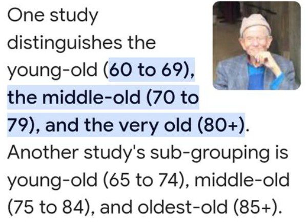 A snip from Wikipedia reads: One studio distinguishes the young-old (60-69), the middle-old (70-79), an dthe very old (80+). Another study's sub-grouping is young-old (65-74), middle-old (75-84), and oldest-old (85+).