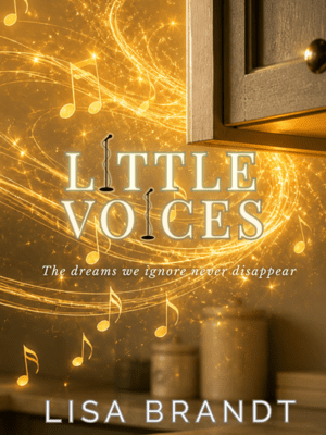 Little Voices book cover shows the corner of a kitchen cabinet with gold musical notes swirling around