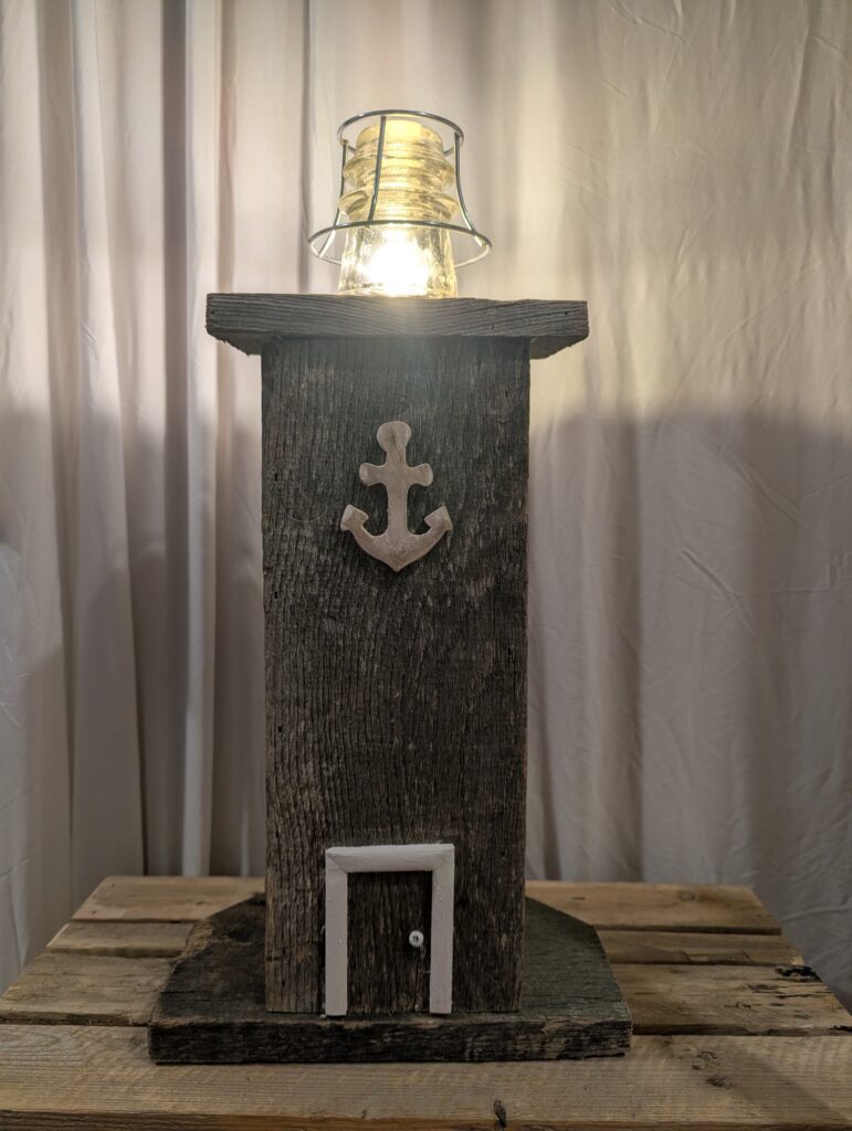 Century barnboard made into a lighthouse lamp